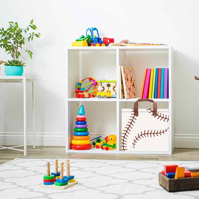 Baseball Decor Storage Basket Waterproof Canvas Toy Storage Bin Baseball Room Decor Collapsible Outdoor Basket with Leather H