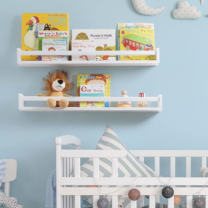 Fun Memories Nursery Book Shelves - Rustic Natural Solid Wood Floating Bookshelf for Kids - Wall Book Shelves for Kids Room (