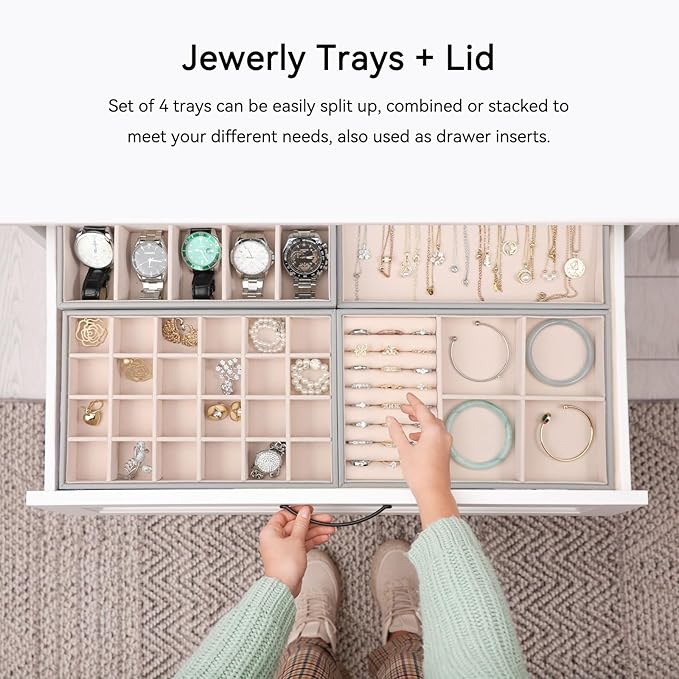 Voova Stackable Jewelry Organizer Tray with Lid, PU Leather Jewelry Storage Holder for Drawer Inserts, Jewellery Display Box 