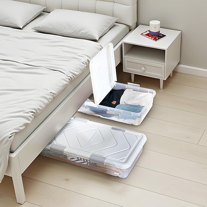 VEVOR Under Bed Storage with Wheels, 31.7 x 15.6 x 6.9 inch Underbed Containers, Underbed Shoes Organizer with Lid & Gray Lat