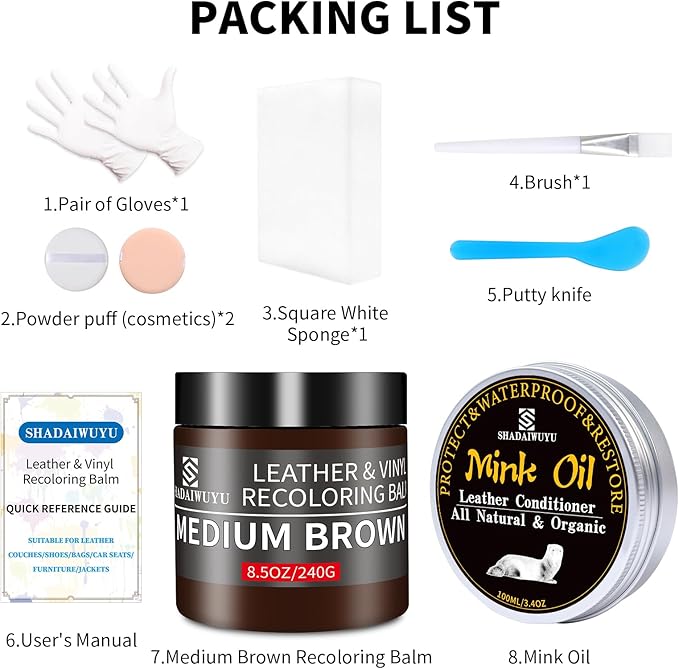 SHADAIWUYU 8.5oz Leather Recoloring Balm with 100ml Mink Oil,Medium Brown Leather Repair kit for Furniture and Car Interior,L