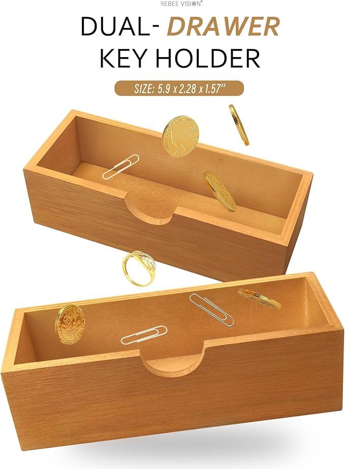Rebee Vision Modern Farmhouse Key Holder Wall Mount with 2 Drawer Organizer - Mail Holder for Wall with 6 Key Hooks - Ideal f