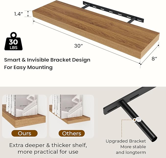 Dreamland 30 Inches Floating Shelves for Wall,8 Inch Deep Floating Shelves Set of 2, Large Display & Storage Shelf, Wall Shel