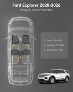 3W Ford Explorer Floor Mats Custom Fit for 2020-2025 2026, All Weather TPE Floor Liner Liner for Ford Explorer Accessories 1st and 2nd Row Car Mats (Includes Explorer Hybrid)