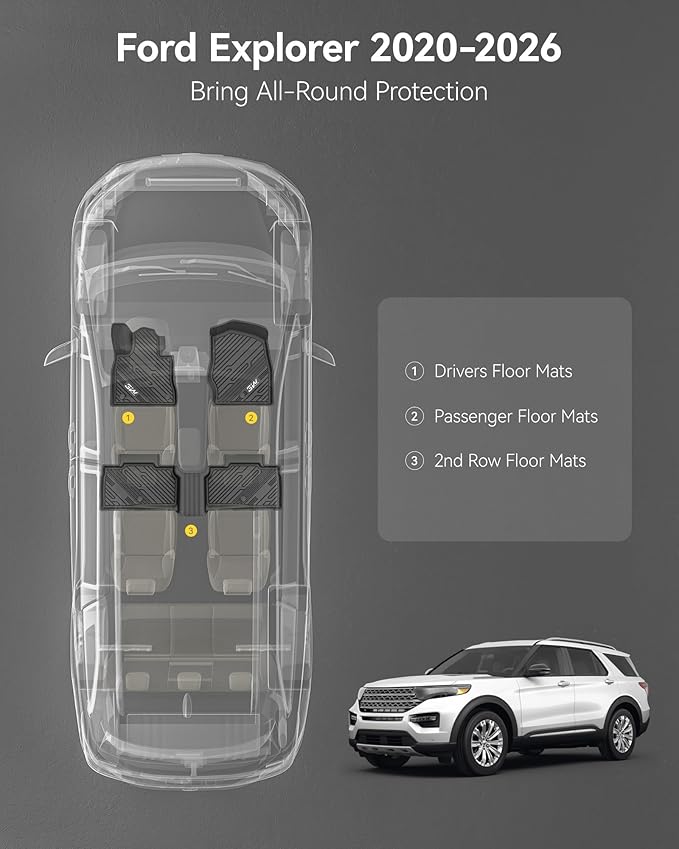 3W Ford Explorer Floor Mats Custom Fit for 2020-2025 2026, All Weather TPE Floor Liner Liner for Ford Explorer Accessories 1st and 2nd Row Car Mats (Includes Explorer Hybrid)