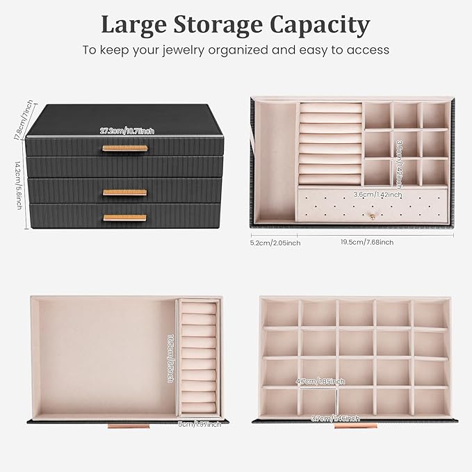 Dajasan Jewelry Box Organizer, 3-Tier Jewelry Storage with 2 Drawers, Large Jewelry Boxes for Women, PU Leather Surface with 