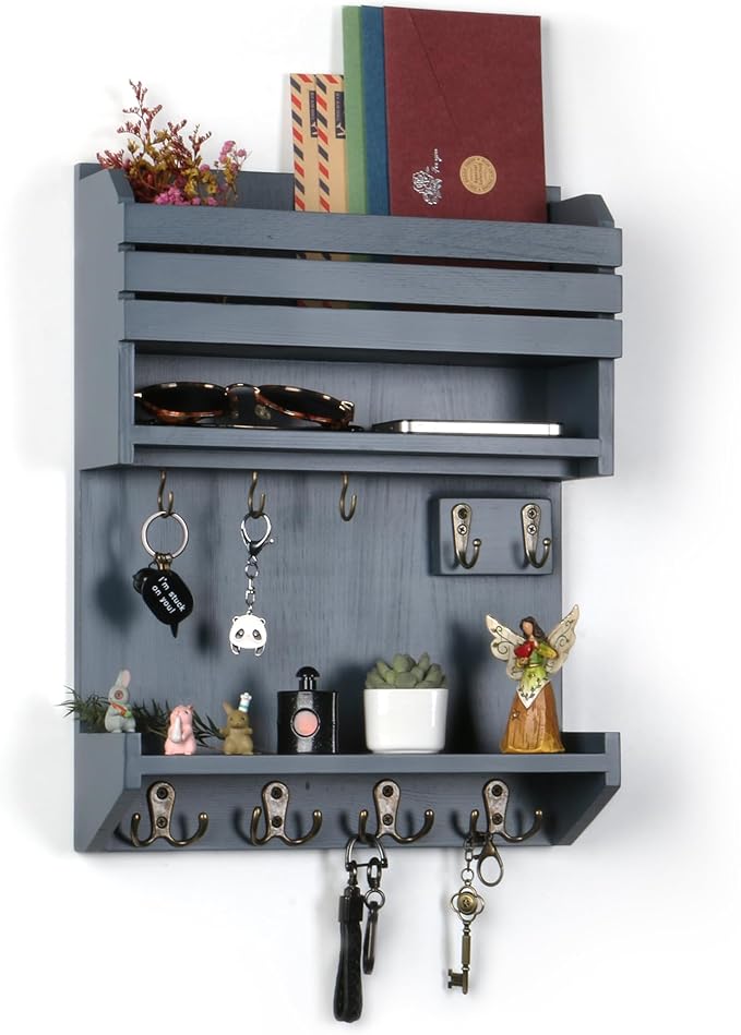 Key Holder, Wall Mounted Mail Organizer, Keys Holder on Wall with 9 Key Hooks, Gray