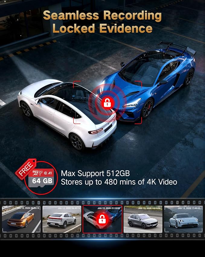 4K Dash Cam Front and Rear Inside, 3-Channel Cars Camera Dash with 170° Wide Angle, Free 64GB SD Card, 5.8GHz WiFi, Night Vis