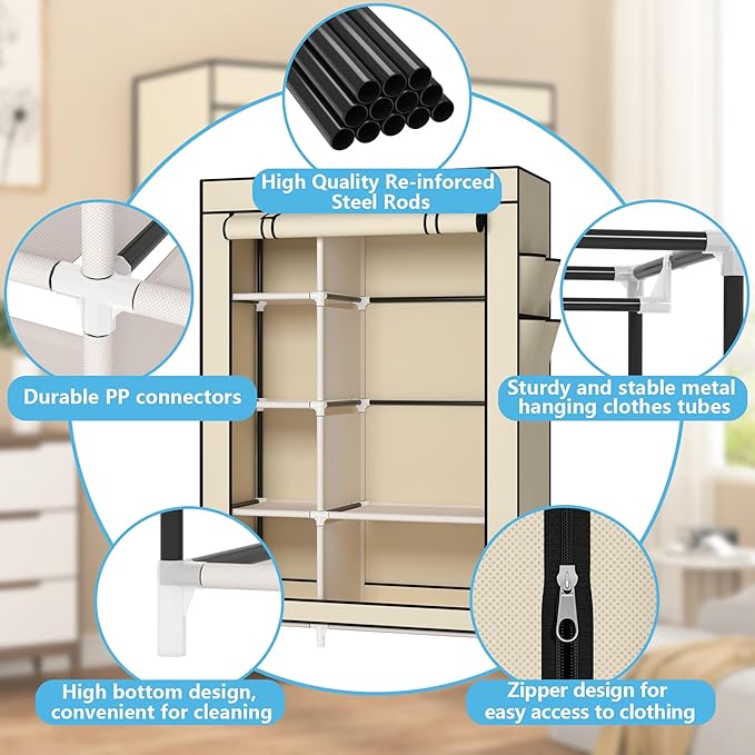 Calmootey Portable Closet Organizers, Clothing Storage, Wardrobe with 6 Shelves and Hanging Rod, Non-Woven Fabric Cover with 