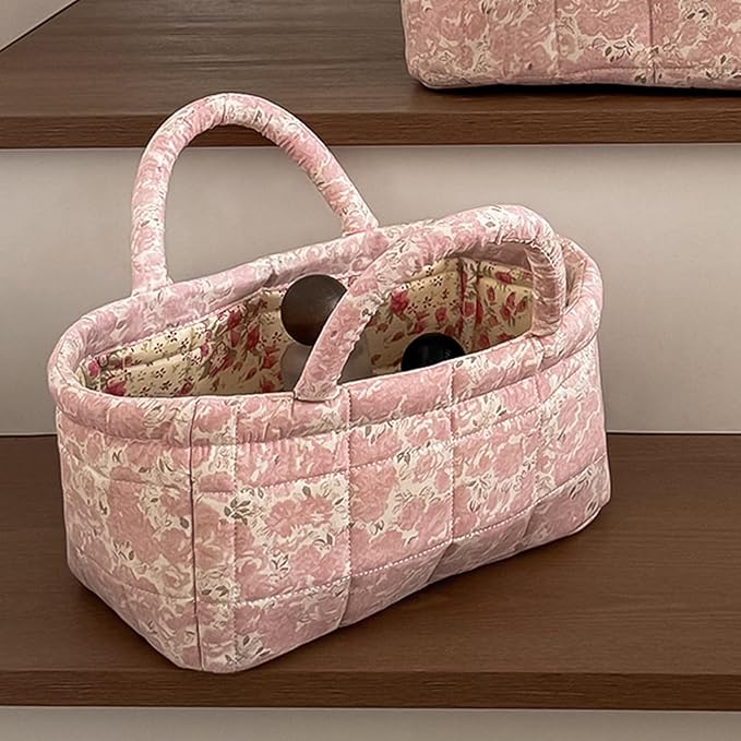 Small Storage Basket Organizer, Mini Fabric Floral Storage Baskets with Handle, Quilted Portable Collapsible Storage (N)