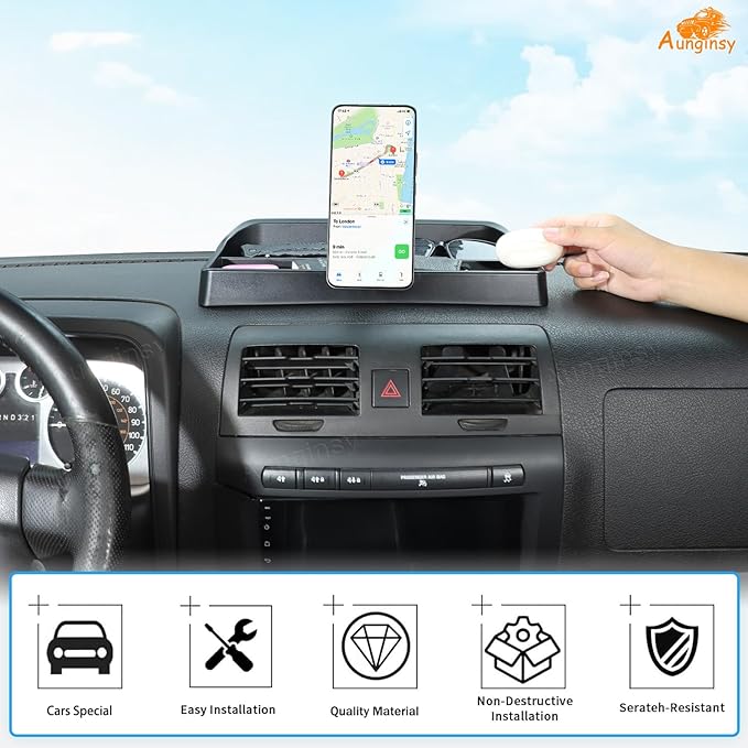 Aunginsy Center Console Dash Storage Tray with Magnetic Suction Phone Holder Compatible with Hummer H3 2005-2009, Dashboard Multi-Functional Mobile Phone Mount Storage Box Organizer Tray Accessories