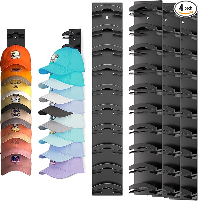 Hat Organizer for Baseball Caps 4Pack, Hat Rack for Wall with Strong Adhesive Hold up to 40 Hats, Hat Hanger Holder Display f