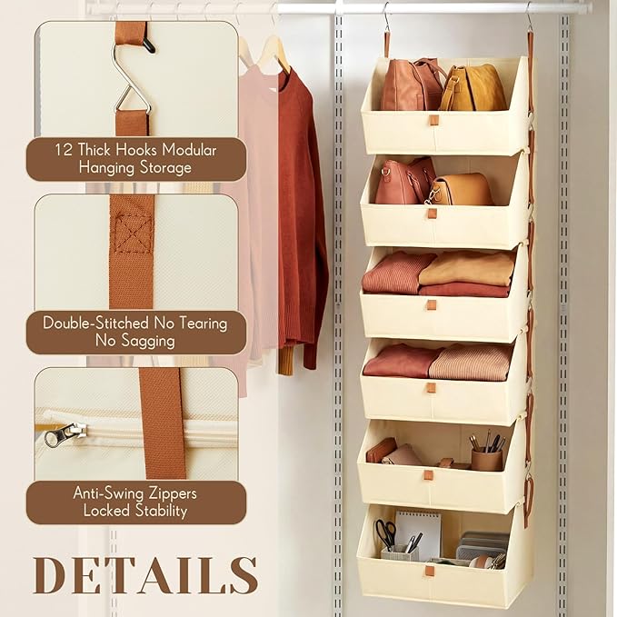 Hanging Closet Organizer 6 Tier Clothes Hanging Shelves Fabric Storage Bins Space Saving Closet System Collapsible Baskets fo