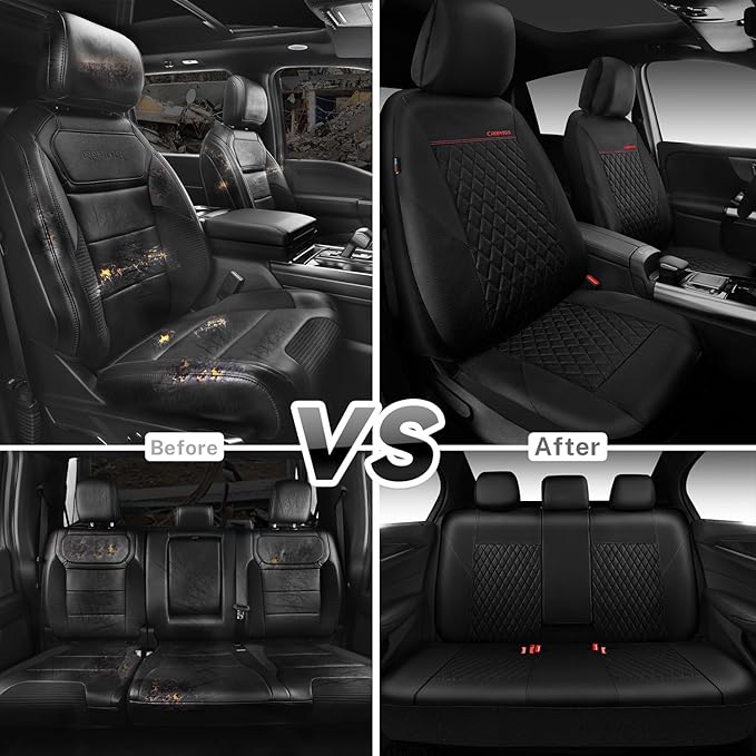 CAR PASS Quilting Faux Leather Seat Covers Full Set, Waterproof Deluxe Premium Seat Cover with 5mm Composite Sponge Inside, A