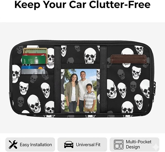 Skull Zippered Car Sun Visor Organizer Bling with Adjustable Straps and Multi-Pocket Car Visor Storage Accessories with Picture Holder Easy Installation Universal Fit for Most Cars SUV
