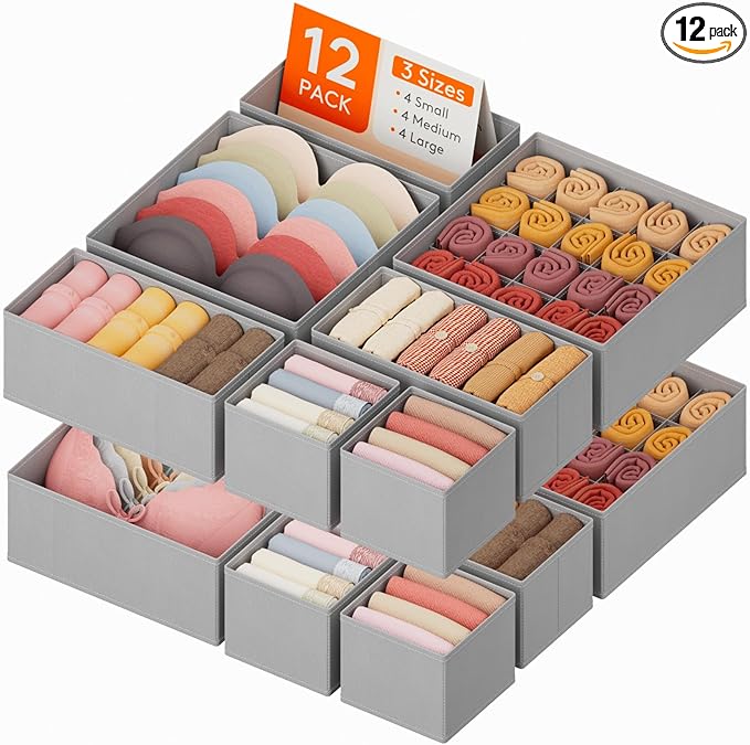 Lifewit Underwear Drawer Organizer for Closet 12 Pack, 3 Sizes Dresser Organizer Dividers, Deep Fabric Foldable Drawer Storag