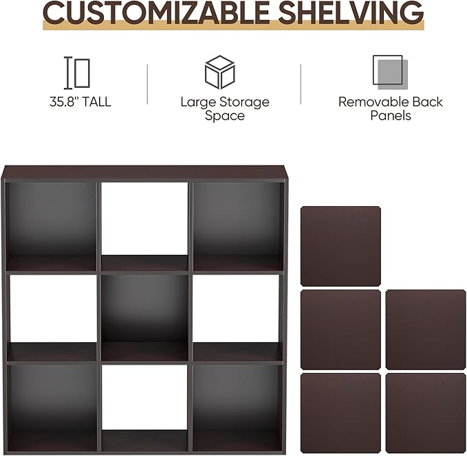 SUPER DEAL 9 Cube Storage Organizer, 3 Tier Bookshelf Open Shelf Display Rack with 5 Removable Back Panels Wood Bookshelf Sys