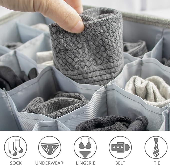 PINGMIC Gray Sock Organizer Divider 2 Pack with Lid - 30 Cell Foldable Closet Storage, Tie Organizer For Men Boxes for Socks,