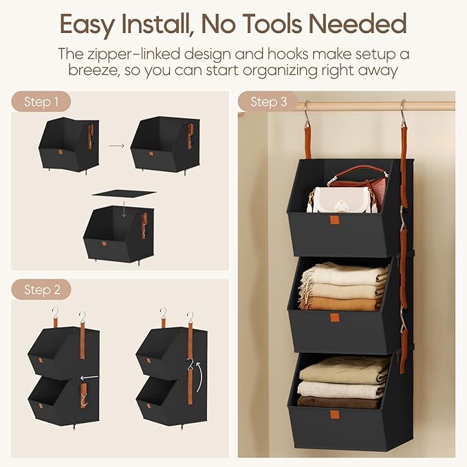 Homsorout Collapsible Hanging Closet Organizer - 3 Tier Closet Shelves Storage System with Hooks, Fabric Hanging Storage Bins