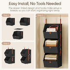 Homsorout Collapsible Hanging Closet Organizer - 3 Tier Closet Shelves Storage System with Hooks, Fabric Hanging Storage Bins