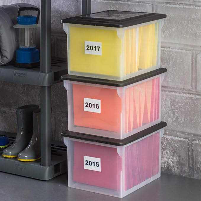 Sterilite 8-Pack File Box, Clear Storage Tote with Black Lid for Letter & Legal Hanging Folders - Stackable Plastic Document 
