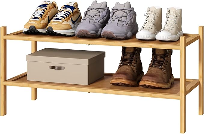 kiplant Bamboo Shoe Rack, 2-Tier Shoe Rack for Entryway, Free Standing Shoe Racks for Indoor & Outdoor, Stackable Shoe Organi