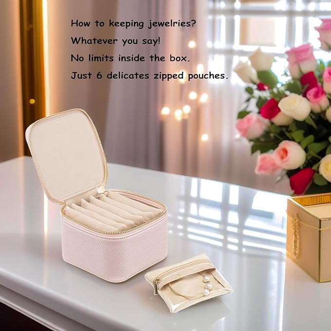 VLANDO Travel Jewelry Box Organizer – Portable PU Leather Jewelry Case with 6/8/12 Zippered Pouches, Compact Storage for Earr