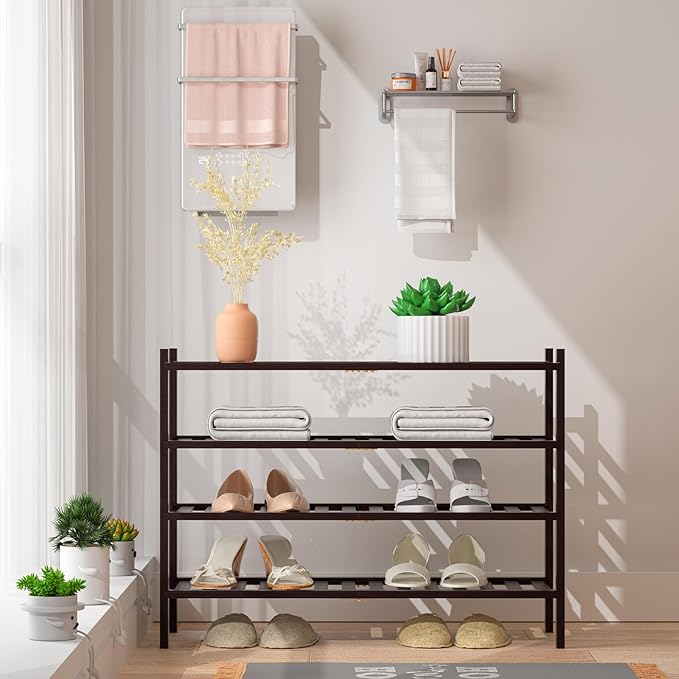 RONGJlA 4 Tier Bamboo Shoe Rack for Closet Free Standing Wood Shoe Shelf Storage Organizer for Entryway Small Space Stackable