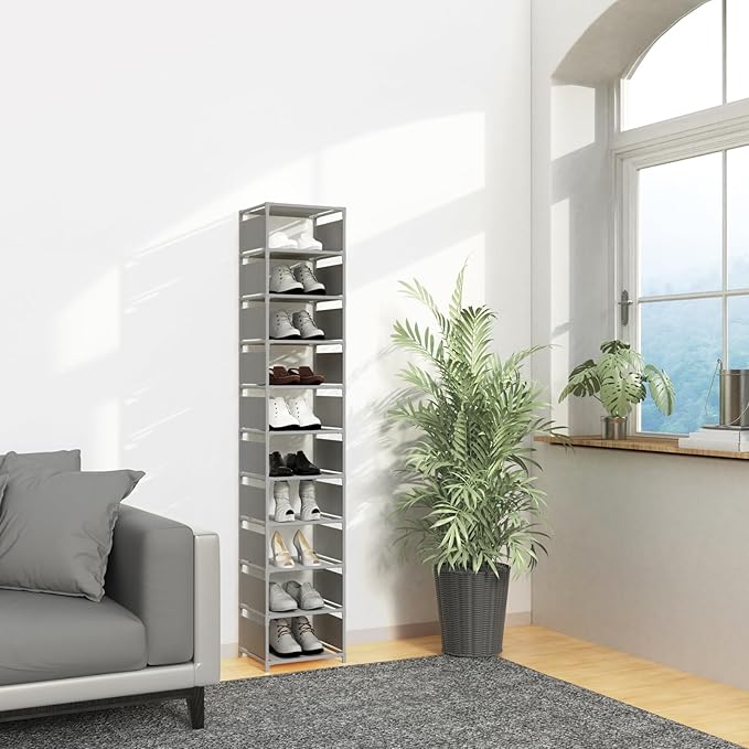 10 Tier Vertical Shoe Rack - Grey Narrow Shoe Rack for Closet & Entryway, Space Saving Tall Shoe Organizer for Small Spaces, 