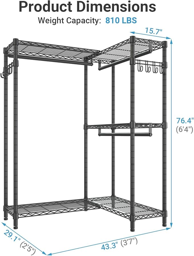 VIPEK L4 Garment Rack L Shaped Clothes Rack for Corner, Freestanding Portable Wardrobe Closet Heavy Duty Clothing Rack with 3