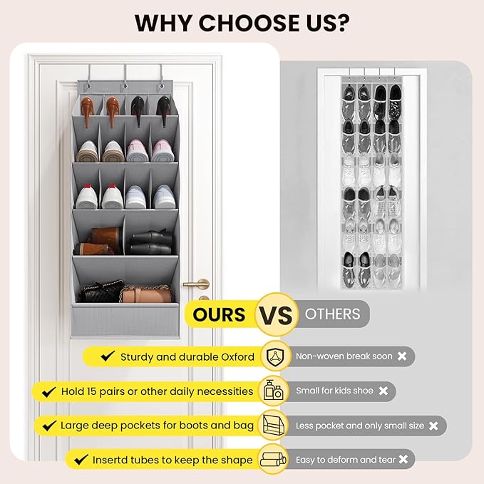 15 Pockets Over the Door Shoe Organizer, Shoe Rack for Closet Door with Large Breathable Pockets, Hanging Shoes Rack for Boot