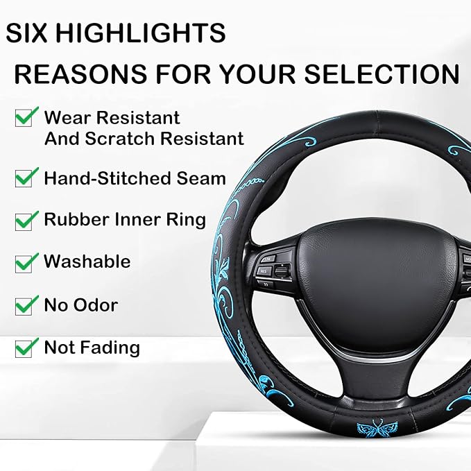 Blue Embroidery Butterfly Car Steering Wheel Cover,14.5-15 Inch Universal Leather Covers Breathable Anti-Slip Odorless Steeri