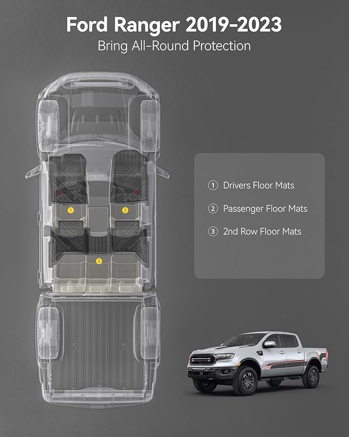 3W Floor Mats Fit for Ford Ranger 2020 2021 2022 2023, TPE All Weather Floor Liner for Ford Ranger Super Crew Cab,1st & 2nd Row Full Set Custom Fit Car Mats Accessories