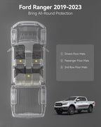 3W Floor Mats Fit for Ford Ranger 2020 2021 2022 2023, TPE All Weather Floor Liner for Ford Ranger Super Crew Cab,1st & 2nd Row Full Set Custom Fit Car Mats Accessories