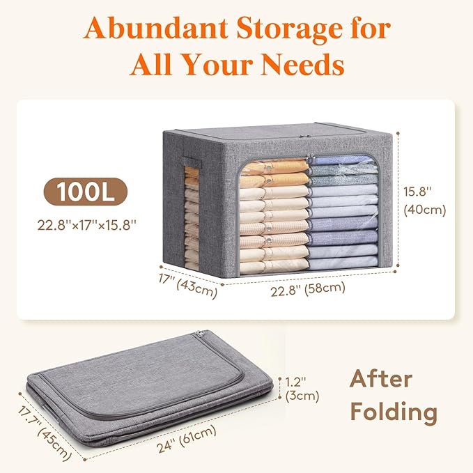 Lifewit Clothes Storage Bins with Metal Frame, Stackable Storage Box, Foldable Clothing Storage Bins with Lids, 100L Storage 