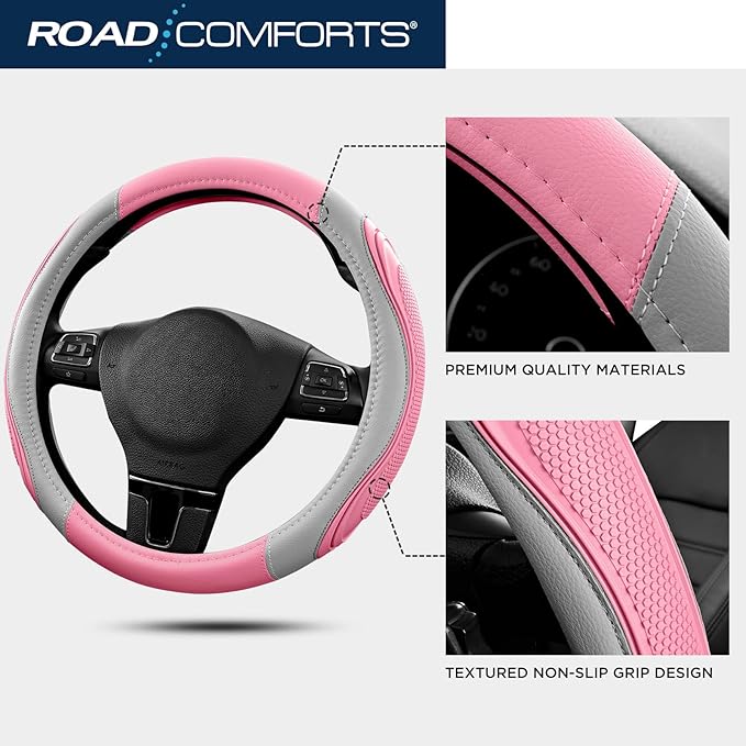 Road Comforts Car Steering Wheel Cover - Microfiber Leather Steering Wheel Wrap Sports 14.5-15 Inch Steering Wheel Cover Non-