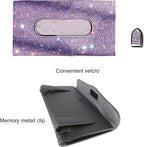 Car Visor Tissue Holder, Sparkling PU Leather Mask Box, Bling Crystals Cover Case & Glitter Mask Hook Clip for Women (Purple)