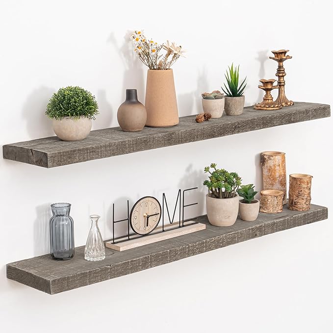 Floating Shelves Reclaimed Barnwood, 8" Deep Solid Wood Floating Shelf Wall Hanging Shelves with Invisible Heavy-Duty Metal B