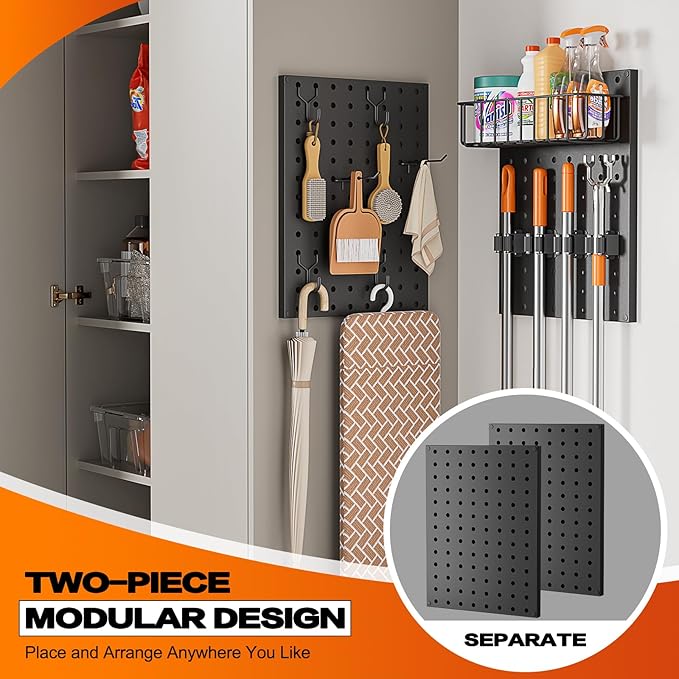 Broom Holder Wall Mount, Peg Board Wall Organizer with Mop Hanger Gripper Hooks Basket, Laundry Room Organization and Storage