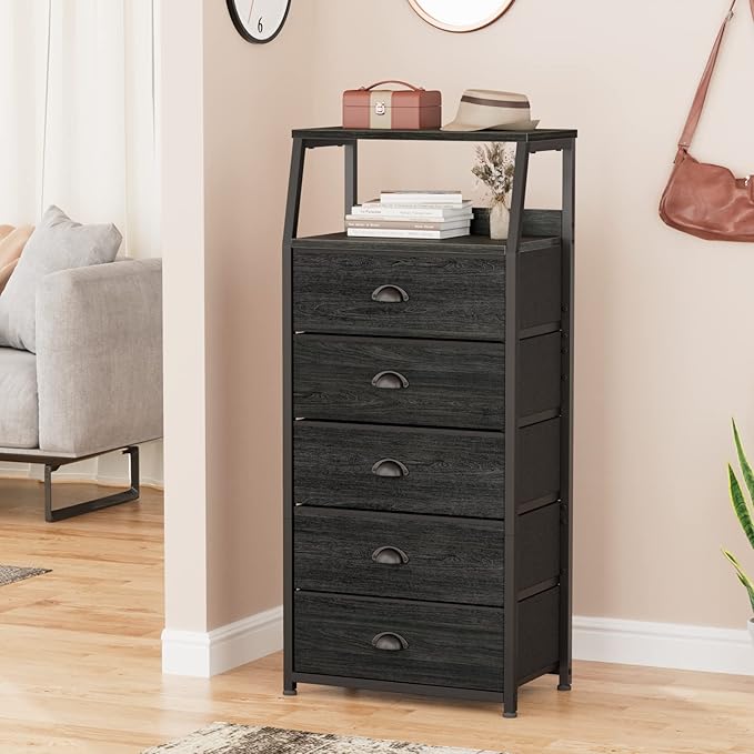 Furnulem Black Dresser with 5 Drawers, Vertical Storage Tower Fabric Dresser for Bedroom, Hallway, Entryway, Nursery, Closet 