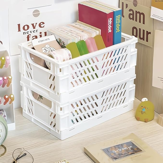 Small Pastel Plastic Storage Bins 2Pcs Foldable Pastel Crates Plastic Basket Colorful Storage Containers Baskets for Classroo