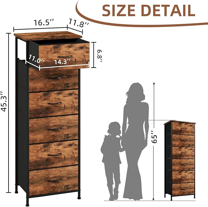 Somdot Tall Dresser for Bedroom with 6 Drawers, Storage Organizer Chest of Drawers with Removable Fabric Bins for Closet Beds