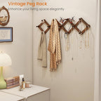 Homode Vintage Wood Expandable Peg Rack- Multi-Purpose Accordion Wall Hangers with 13 Hooks for Hats, Coat, Mugs, Scarf, Jewe