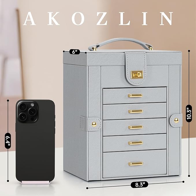 AKOZLIN Functional 6-Tier Jewelry Box Organizer with 5 Drawers Leather Jewelry Storage Case for Women Girls Ring Necklace Ear