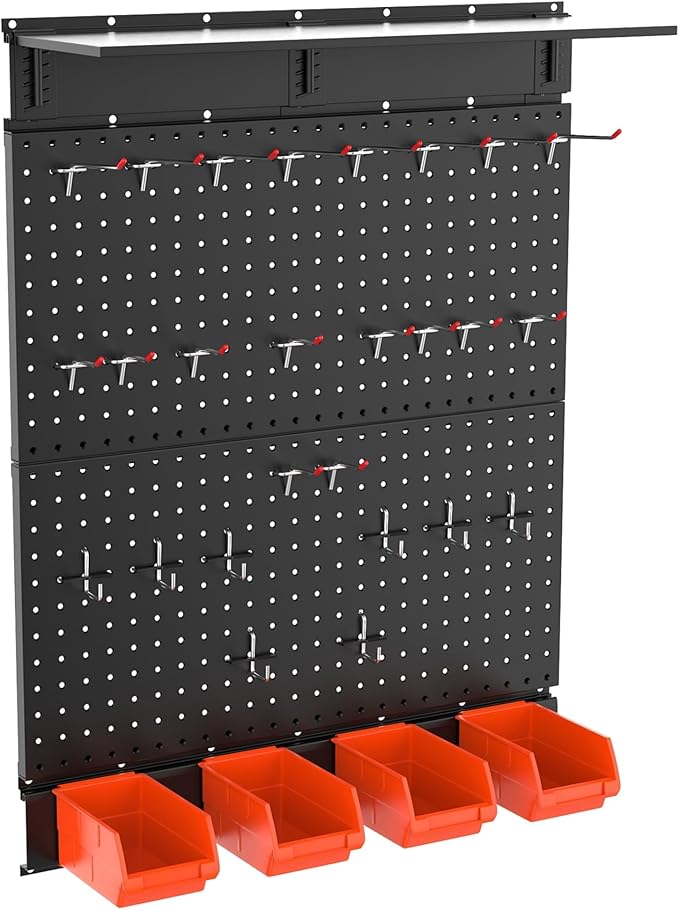 TORACK Garage Metal Pegboard with Accessories, Tools Organizer Peg Board with Pegboard Hooks, Wall Mounted Bins, Tool Storage