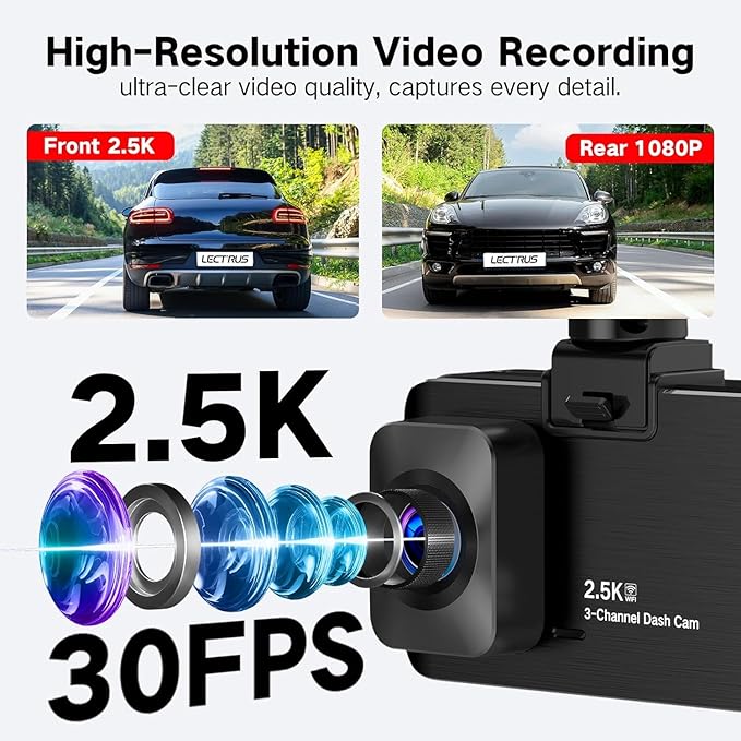 3 Channel Dash Cam Front and Rear Inside, 2.5K Dash Cam, APP Control, Night Vision, 3" IPS Screen, Built-in Wi-Fi, G-Sensor, 