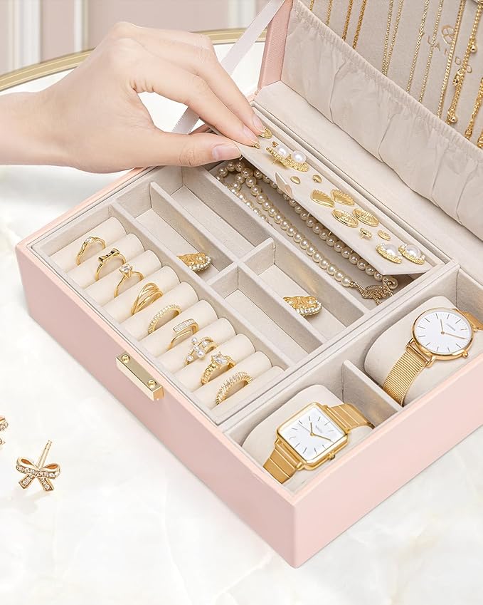 VLANDO 2 Layer Jewelry Box Large Jewelry Organizer for Mothers Day Mom Gifts Jewelery Tray with Watch Pillow for Necklace Ear