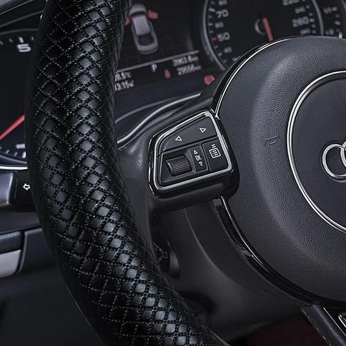 Haokay Heavy Duty Pure Cowhide Steering Wheel Cover, Genuine Leather Steering Cover with 15 Inches Universal Fit