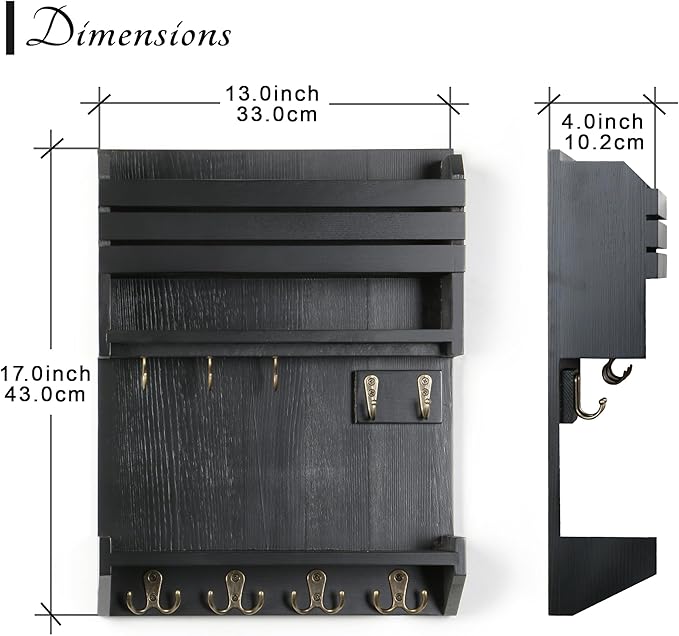 Key Holder, Wall Mounted Mail Organizer, Keys Holder on Wall with 9 Key Hooks, Black