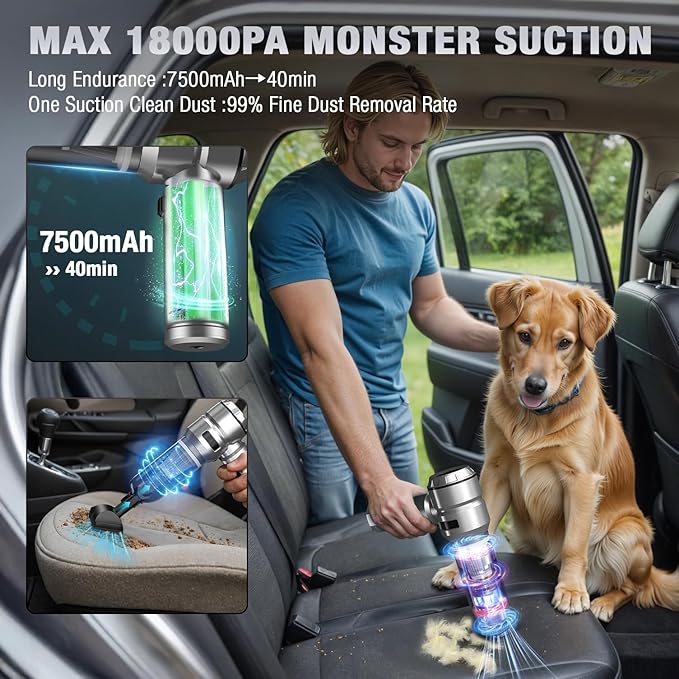 Car Vacuum Portable Cordless 22000PA High Power with Brushless Motor 4-in-1 Compressed Air Duster & Air Blower & Pump Hand He